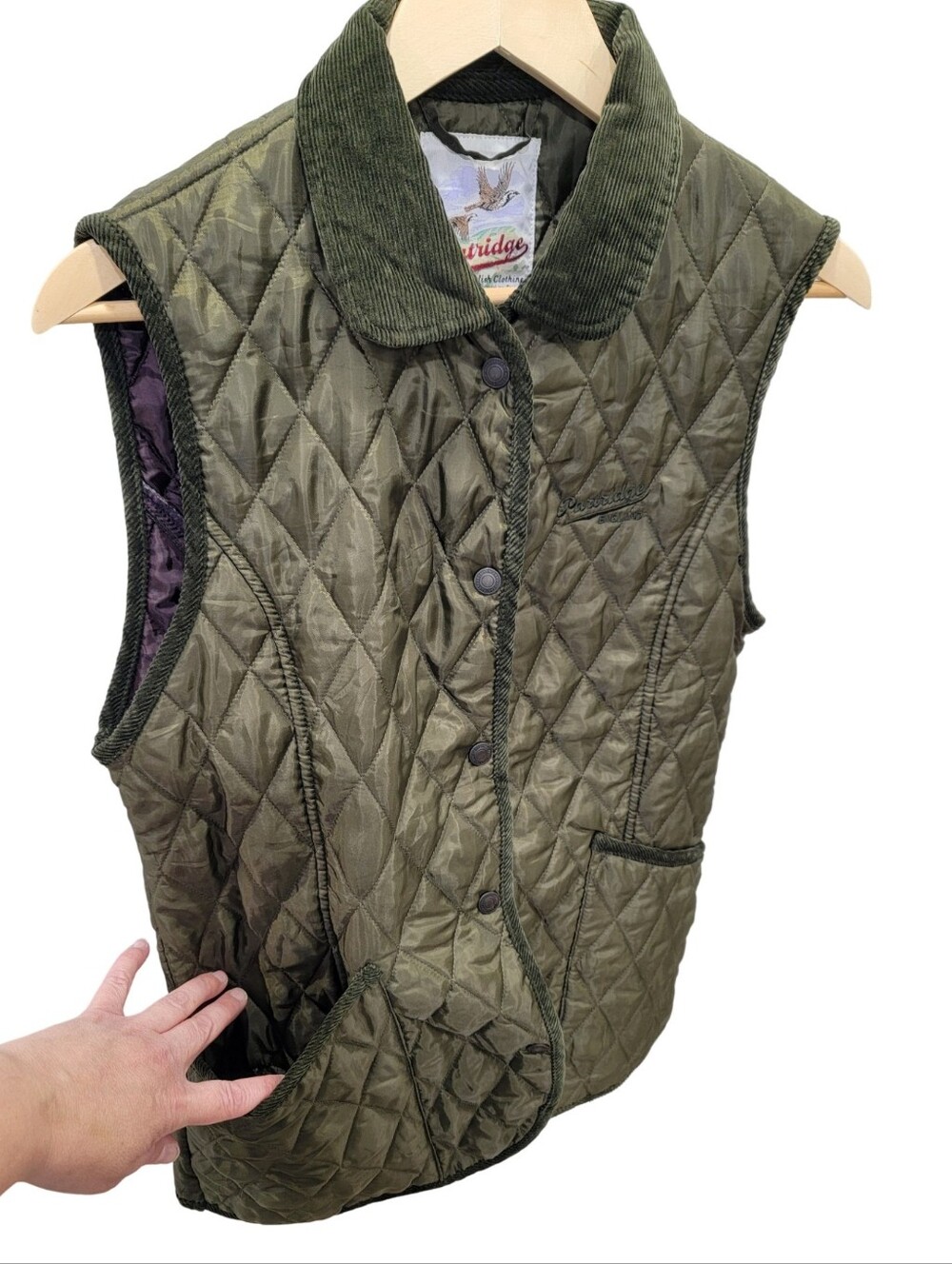 John Partridge English Clothing Olive Green Quilted Vest Corduroy Trim Women’s M - Picture 5 of 17